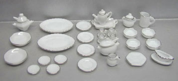 Dollhouse Miniature 40 Pc White/Silver Trim Dinner Set